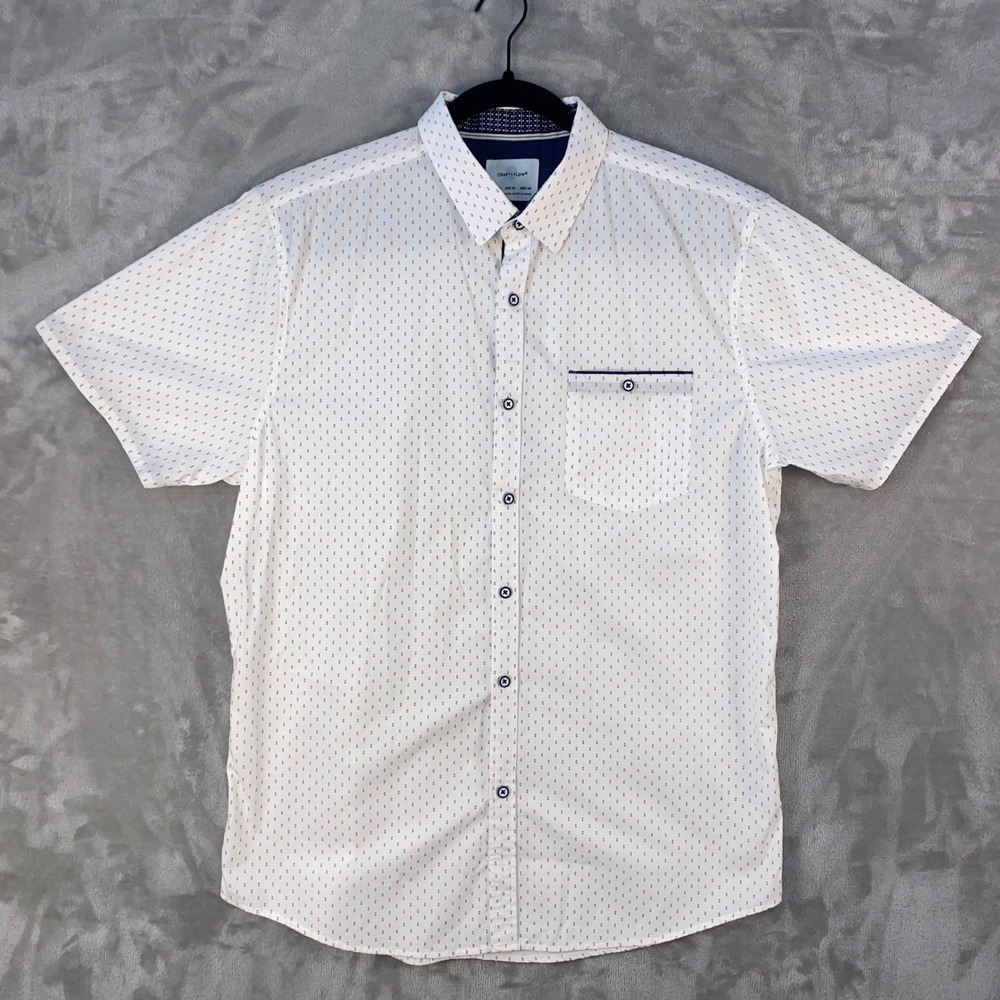 Craft + Flow Mens XL White Short Sleeve Button Down Shirt Geo Print Casual